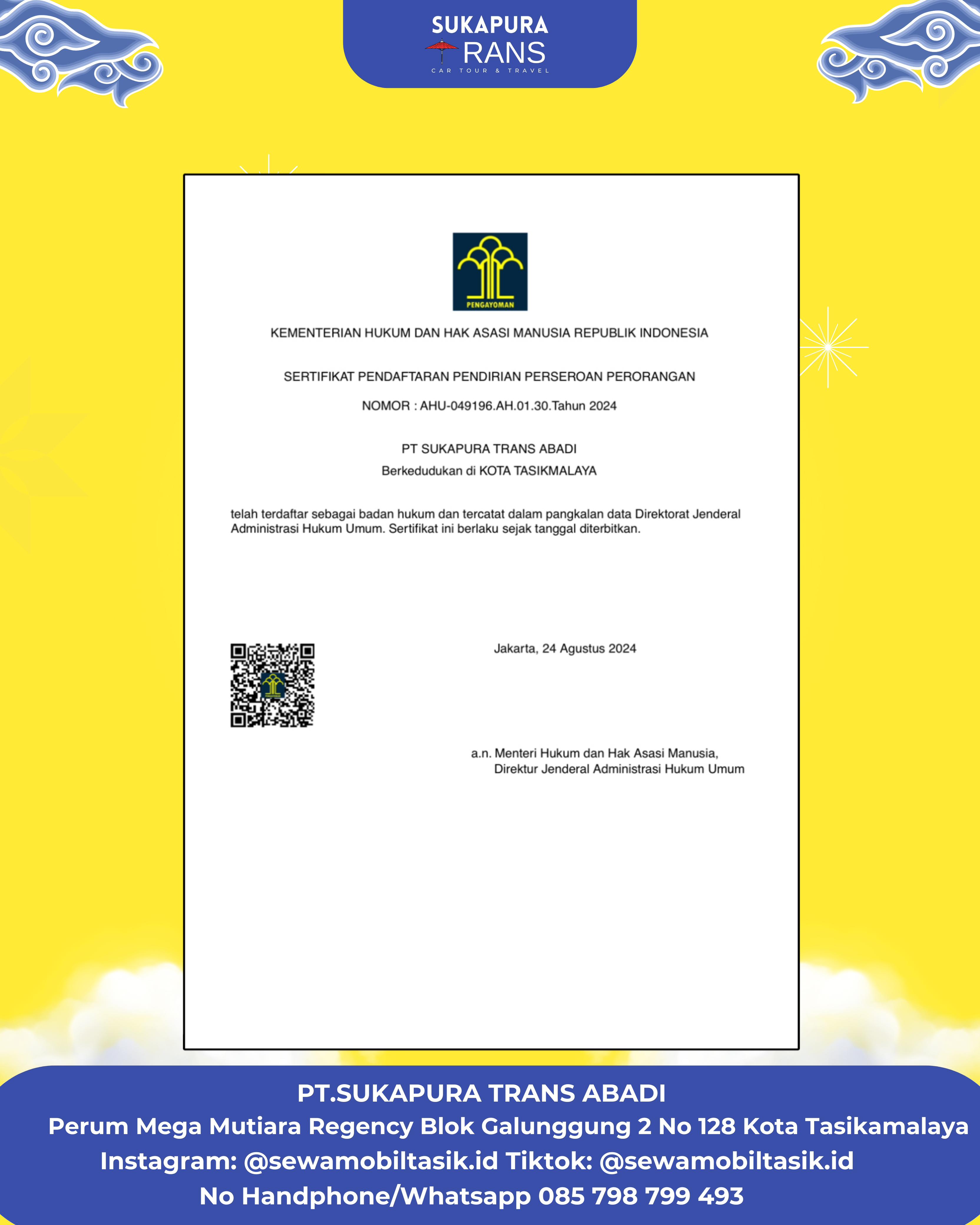 Sertifikat Pendaftaran Pendirian Perseroan Perorangan Sukapura Trans