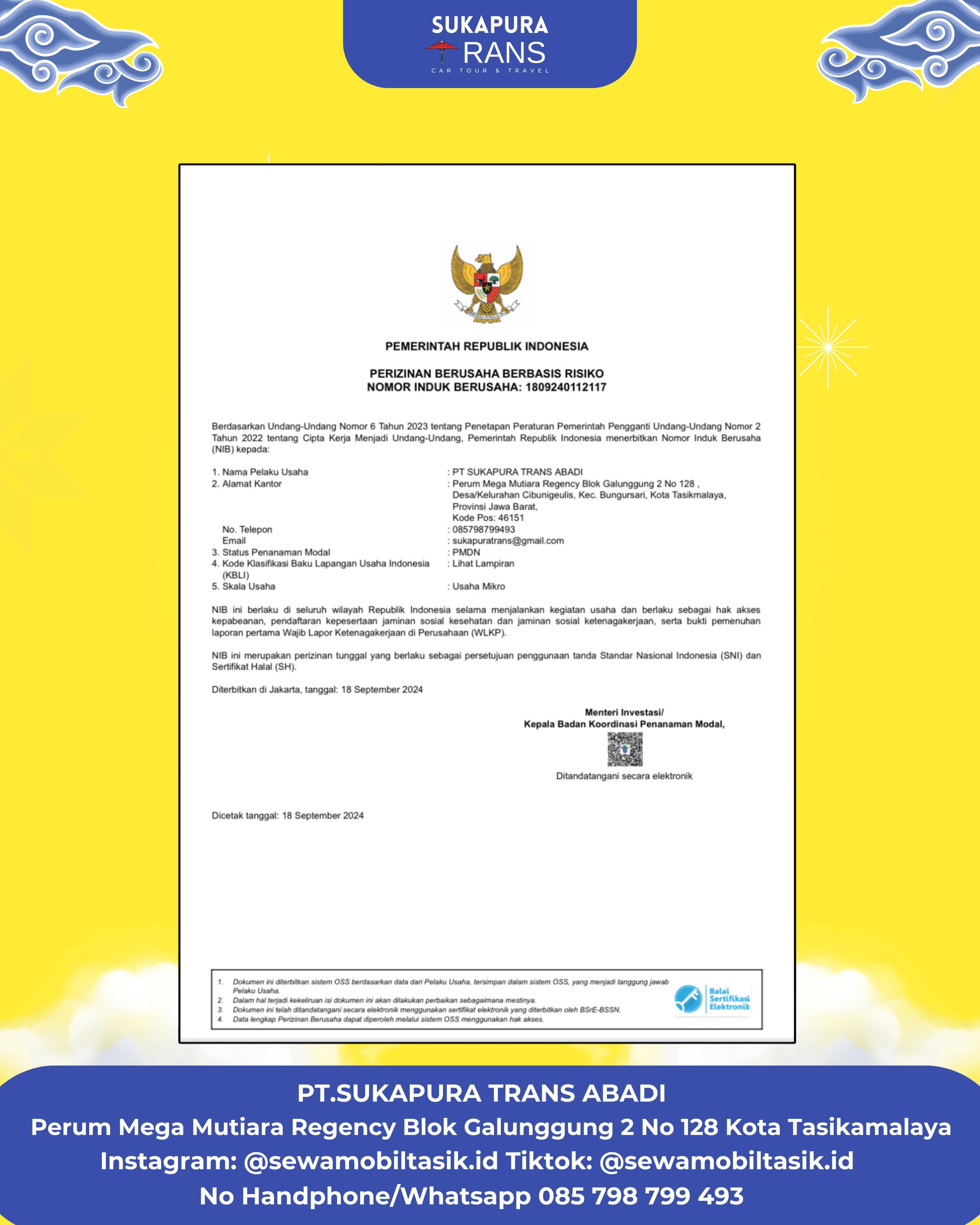 Sertifikat Perizinan Berusaha Berbasis Resiko Sukapura Trans