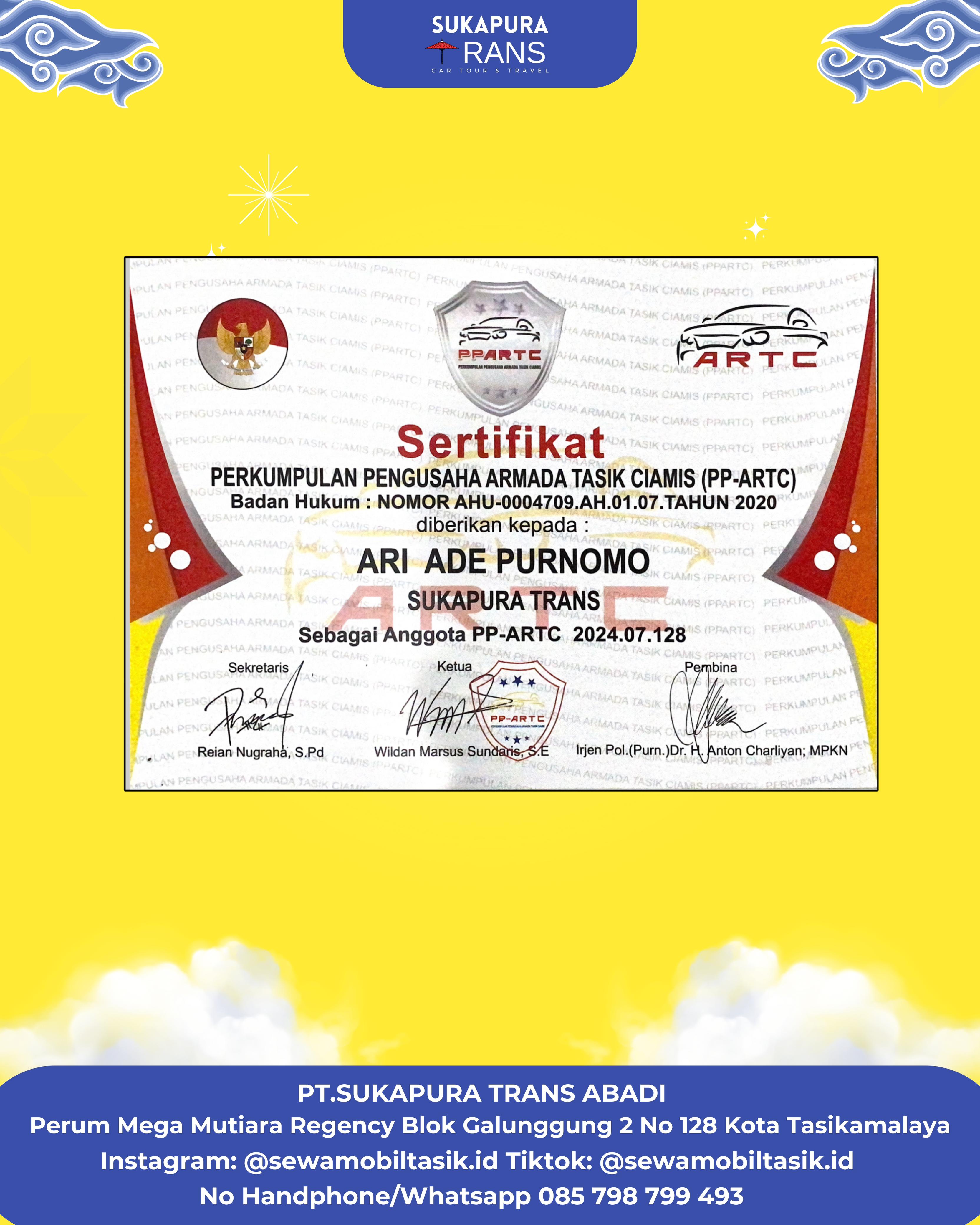 Sertifikat Perkumpulan Pengusaha Armada Tasik Ciamis (PP-ARTC) Sukapura Trans