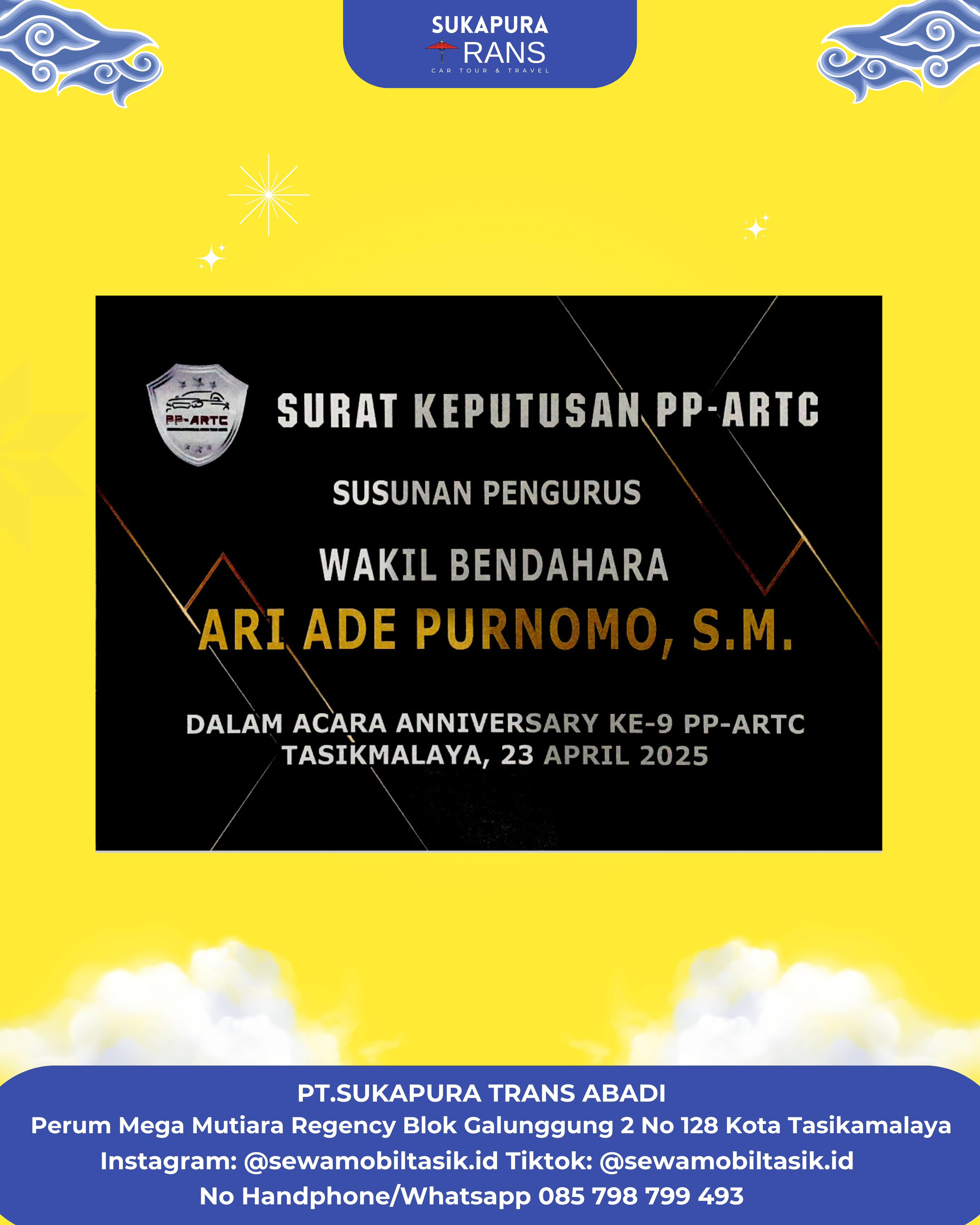 Sertifikat Kepengurusan Perkumpulan Pengusaha Armada Tasik Ciamis (PP-ARTC) Sukapura Trans